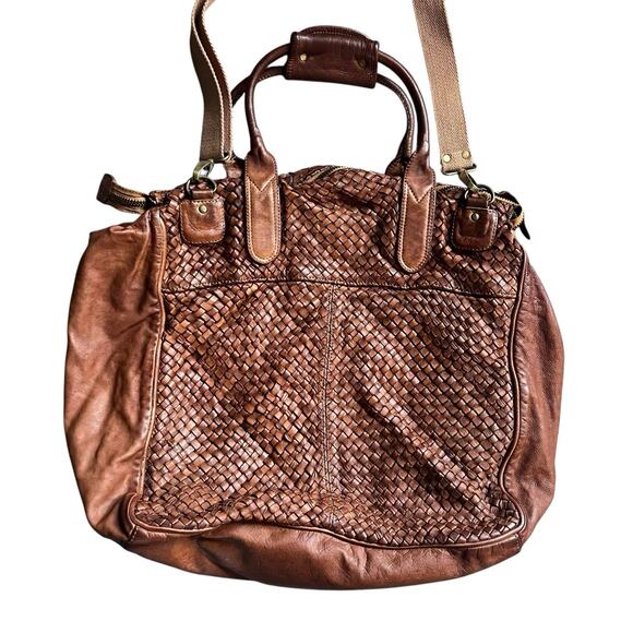 Bruno Magli Woven Leather Satchel Weekender Travel Bag Cognac Brown - Picture 5 of 16